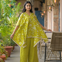 Lime Green Printed Cotton Kaftan Co-Ord Set