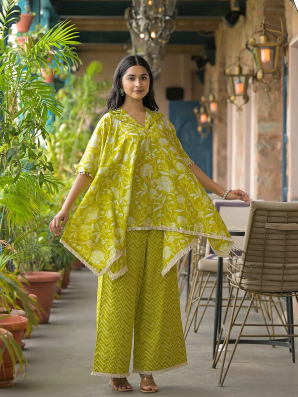 Lime Green Printed Cotton Kaftan Co-Ord Set