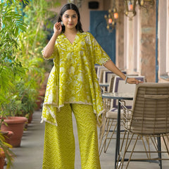 Lime Green Printed Cotton Kaftan Co-Ord Set