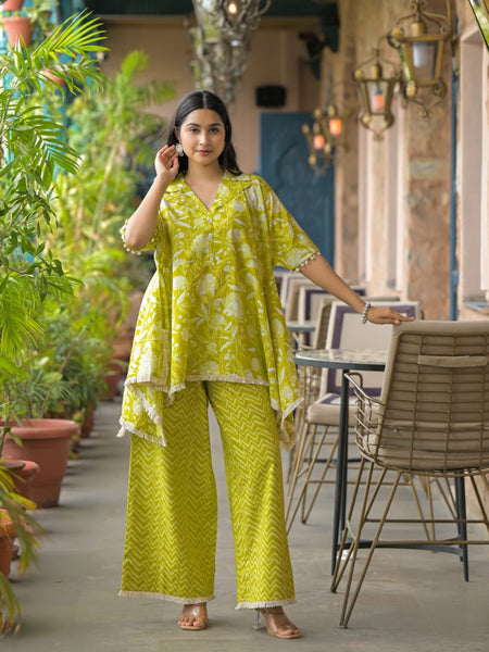 Lime Green Printed Cotton Kaftan Co-Ord Set