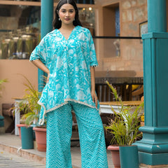 Turquoise Blue Cotton Premium And Elegant Co-Ord Set For Women