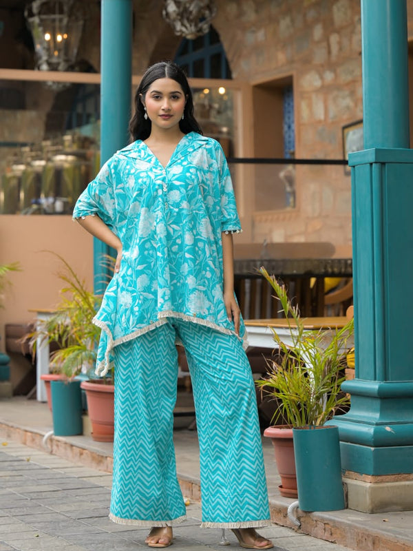 Turquoise Blue Cotton Premium And Elegant Co-Ord Set For Women