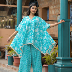 Turquoise Blue Cotton Premium And Elegant Co-Ord Set For Women