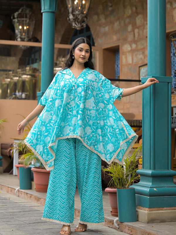 Turquoise Blue Cotton Premium And Elegant Co-Ord Set For Women