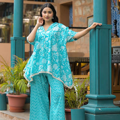 Turquoise Blue Cotton Premium And Elegant Co-Ord Set For Women