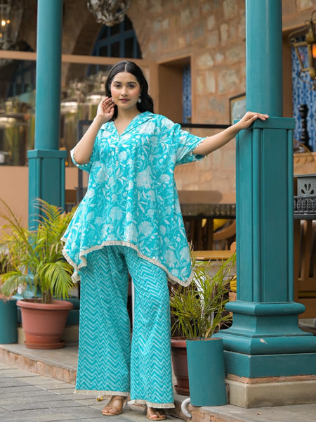 Turquoise Blue Cotton Premium And Elegant Co-Ord Set For Women
