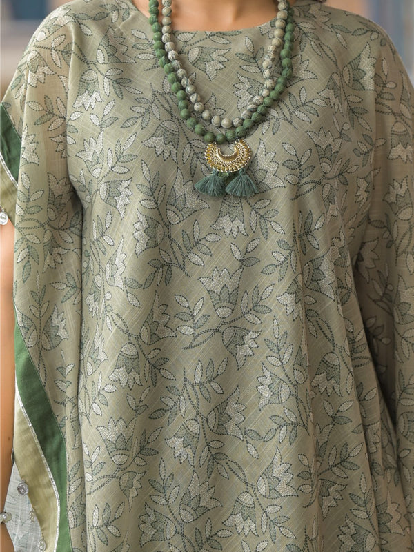 Green Dabu Print Cotton Kaftan Kurta Set