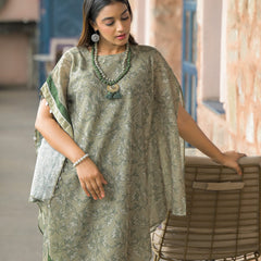 Green Dabu Print Cotton Kaftan Kurta Set