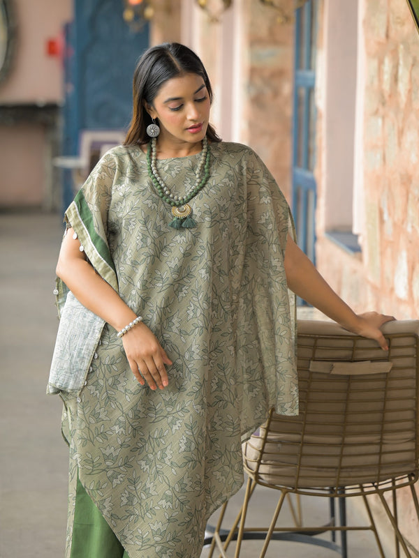 Green Dabu Print Cotton Kaftan Kurta Set