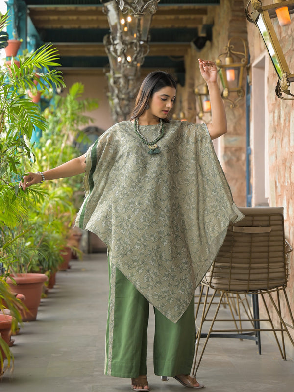 Green Dabu Print Cotton Kaftan Kurta Set