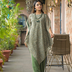 Green Dabu Print Cotton Kaftan Kurta Set
