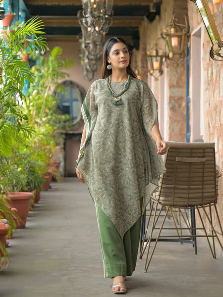 Green Dabu Print Cotton Kaftan Kurta Set