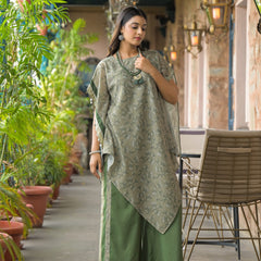 Green Dabu Print Cotton Kaftan Kurta Set