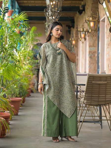 Green Dabu Print Cotton Kaftan Kurta Set