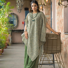 Green Dabu Print Cotton Kaftan Kurta Set