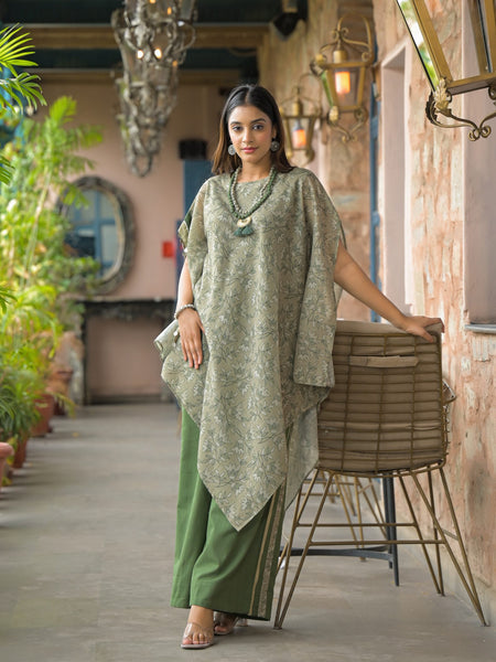 Green Dabu Print Cotton Kaftan Kurta Set