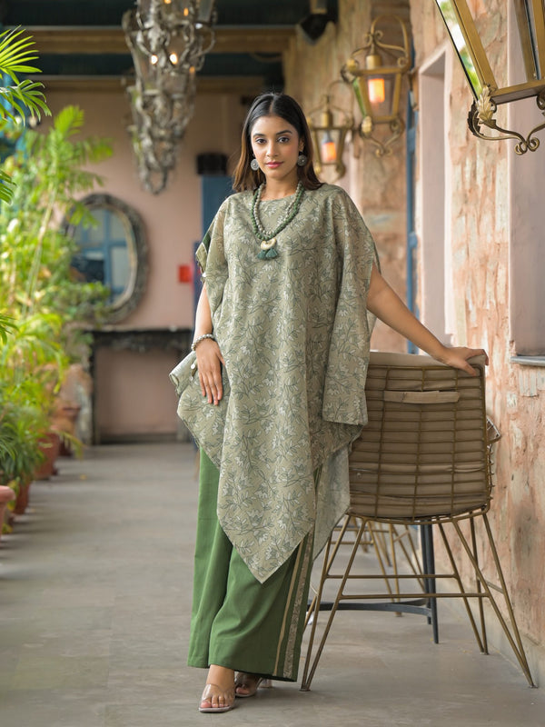Green Dabu Print Cotton Kaftan Kurta Set