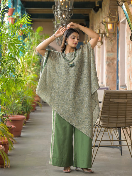 Green Dabu Print Cotton Kaftan Kurta Set