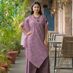 Purple Dabu Print Cotton Kaftan Kurta Set