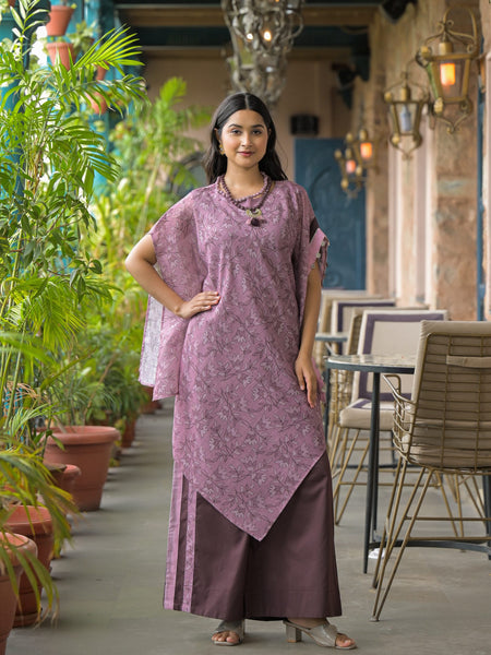 Purple Dabu Print Cotton Kaftan Kurta Set