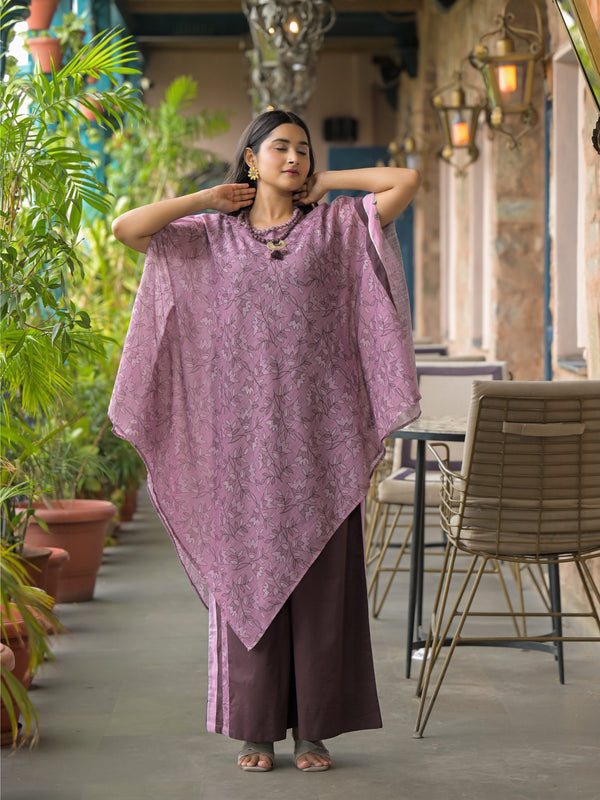 Purple Dabu Print Cotton Kaftan Kurta Set