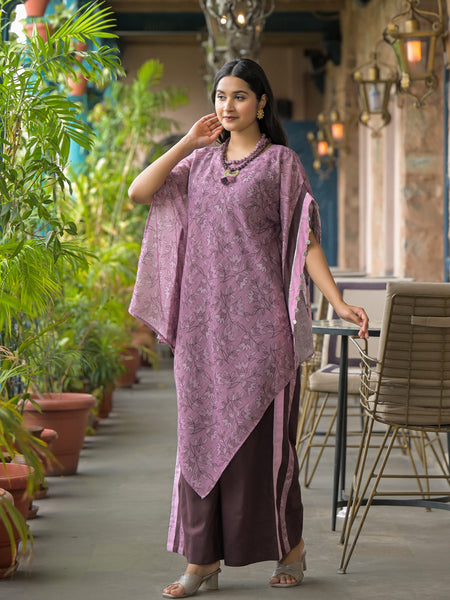 Purple Dabu Print Cotton Kaftan Kurta Set