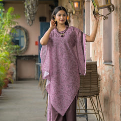 Purple Dabu Print Cotton Kaftan Kurta Set
