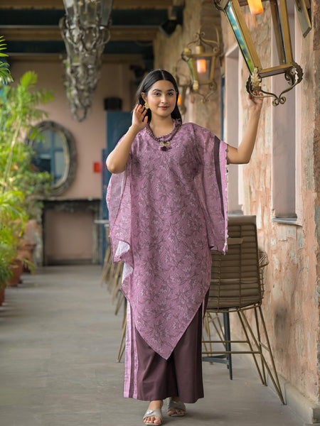 Purple Dabu Print Cotton Kaftan Kurta Set