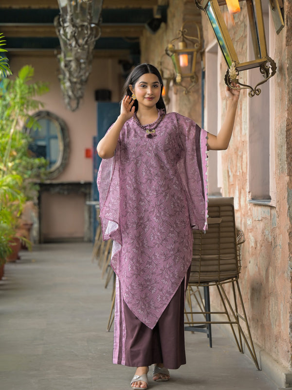 Purple Dabu Print Cotton Kaftan Kurta Set