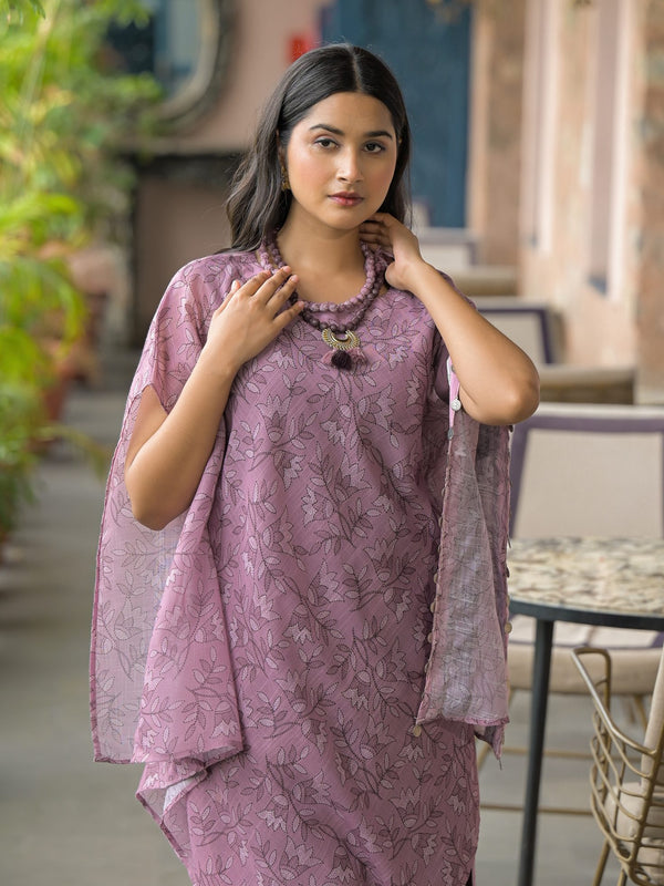 Purple Dabu Print Cotton Kaftan Kurta Set