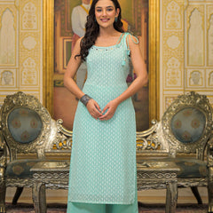 Sea Green Georgette Premium And Elegant Kurta Sets For Women