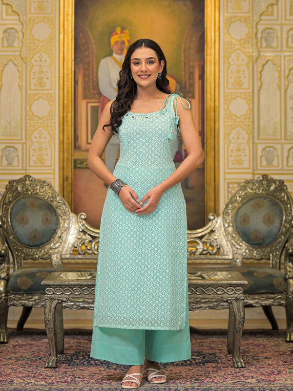 Sea Green Georgette Premium And Elegant Kurta Sets For Women