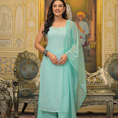Sea Green Georgette Premium And Elegant Kurta Sets For Women