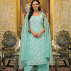Sea Green Georgette Premium And Elegant Kurta Sets For Women