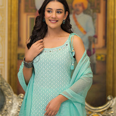 Sea Green Georgette Premium And Elegant Kurta Sets For Women
