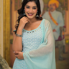 Sky Blue Schiffli Kurta Set with Dupatta