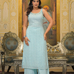 Sky Blue Schiffli Kurta Set with Dupatta