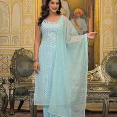 Sky Blue Schiffli Kurta Set with Dupatta