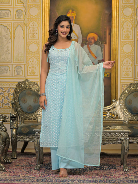 Sky Blue Schiffli Kurta Set with Dupatta