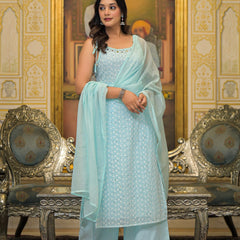 Sky Blue Schiffli Kurta Set with Dupatta