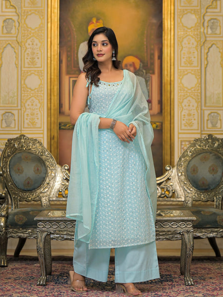 Sky Blue Schiffli Kurta Set with Dupatta