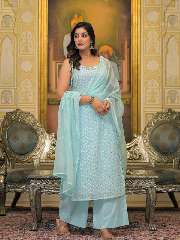 Sky Blue Schiffli Kurta Set with Dupatta