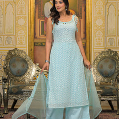 Sky Blue Schiffli Kurta Set with Dupatta