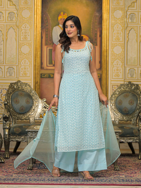 Sky Blue Schiffli Kurta Set with Dupatta