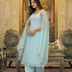 Sky Blue Schiffli Kurta Set with Dupatta