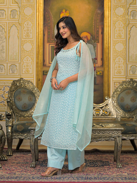 Sky Blue Schiffli Kurta Set with Dupatta