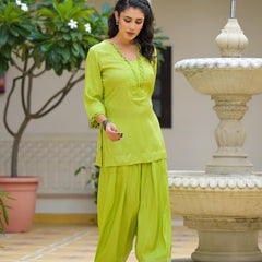 Lime Green Crape Premium And Elegant Co-Ord Set For Women
