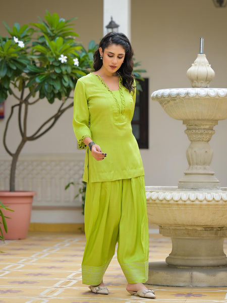 Lime Green Crape Premium And Elegant Co-Ord Set For Women