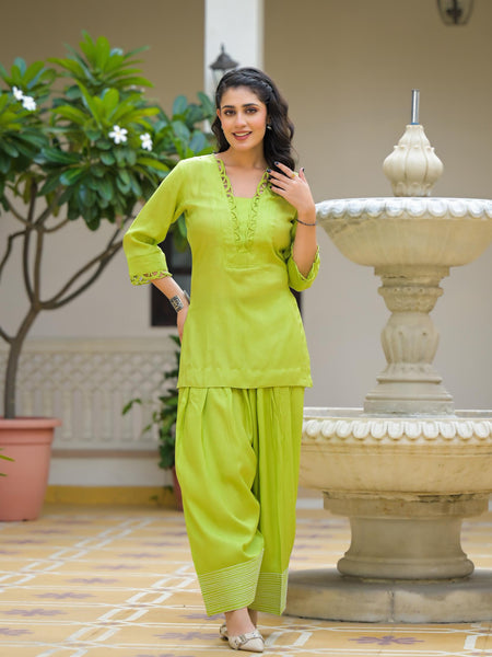 Lime Green Crape Premium And Elegant Co-Ord Set For Women