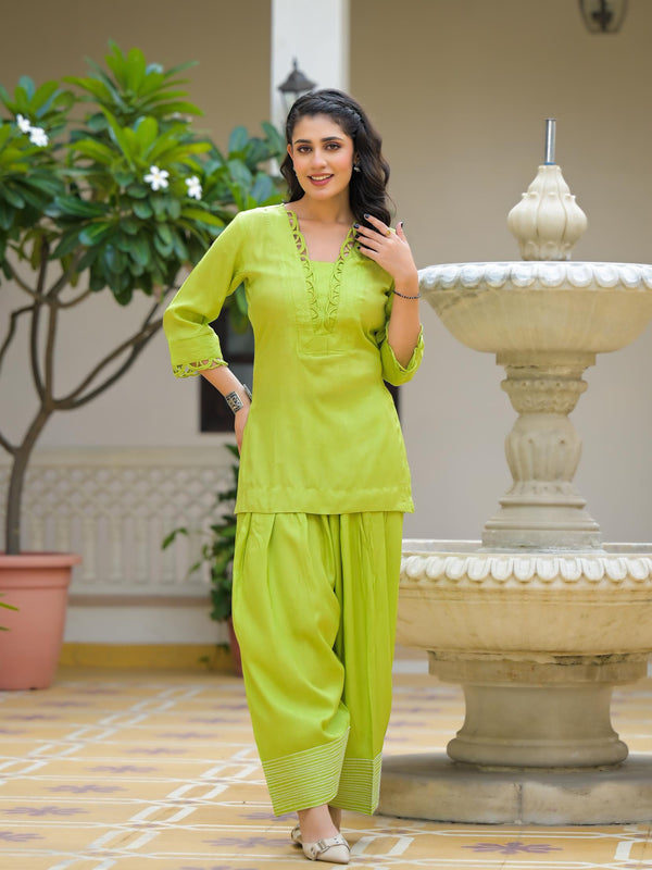 Lime Green Crape Premium And Elegant Co-Ord Set For Women